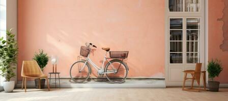 ai gerado velho de madeira bicicletas de a porta do uma Rosa parede foto