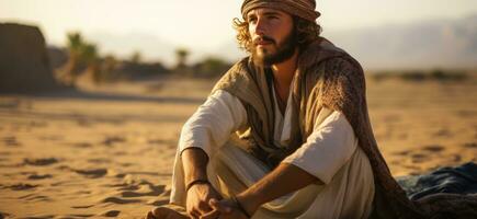 ai gerado homem em deserto em uma turbante com a abaya foto