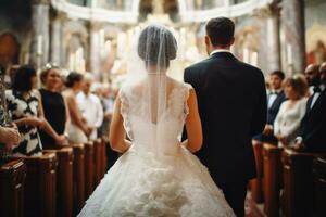 ai gerado uma noiva e noivo às a altar do uma Igreja durante a Casamento cerimônia. ai gerado foto