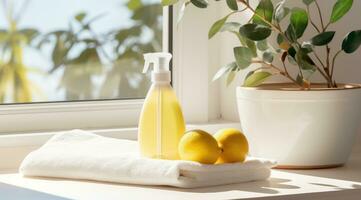 ai gerado uma branco bancada com plantas, uma garrafa do limpeza spray e uma toalha sentado dentro a canto foto