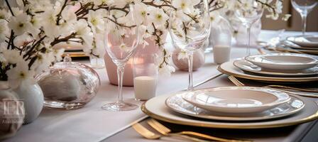 ai gerado uma mesa configuração com Rosa e branco flores, talheres e champanhe óculos foto