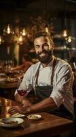 ai gerado uma foto do uma chefe de cozinha desfrutando uma vidro do vinho e uma delicioso refeição