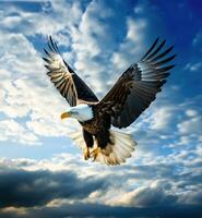 ai gerado uma majestoso Águia subindo através a céu, com Está poderoso asas estendido foto