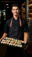 ai gerado bonito chefe de cozinha segurando uma bandeja do belas trabalhada Sushi rolos foto