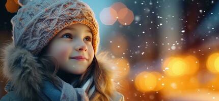 ai gerado uma pequeno menina olhando às a luzes dentro a neve foto