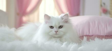 ai gerado uma fofo branco gato senta em uma cama com uma Rosa travesseiro foto