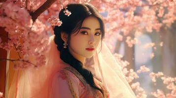 ai gerado uma chinês menina dentro frente do milhares do cereja flores foto