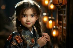 ai gerado uma fofa chinês menina vestindo tradicional roupas segurando uma lanterna em lunar Novo ano. generativo ai. foto