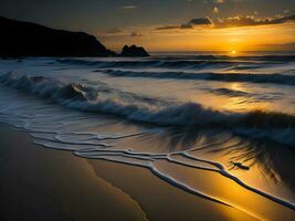 ai gerado lindo pôr do sol sobre a mar com ondas quebra em a costa. foto