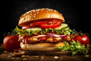 ai gerado uma frango quente hamburguer com alface, tomate, cebola e tomate fatias, uma estoque foto, destaque em pexels, fotorrealismo, foto, estoque foto, uhd imagem foto