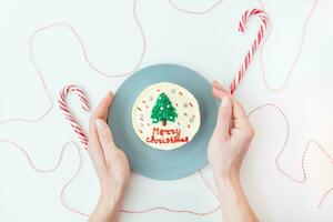 uma menina detém uma prato com uma Natal bolo com a inscrição alegre Natal, decorado com glacê, em uma branco fundo com pirulitos e uma vermelho fio para presentes. foto