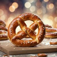 ai gerado fechar acima do uma pretzel, primeiro plano afiado com bokeh fundo. ai generativo foto