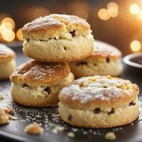 ai gerado fechar acima do uma scones, primeiro plano afiado com bokeh fundo. ai generativo foto