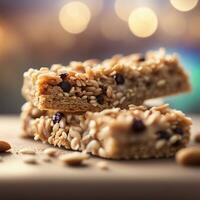 ai gerado fechar acima do uma granola bar, primeiro plano afiado com bokeh fundo. ai generativo foto