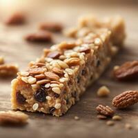 ai gerado fechar acima do uma granola bar, primeiro plano afiado com bokeh fundo. ai generativo foto