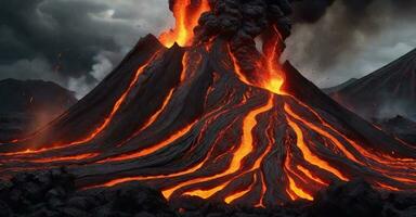 ai gerado a cru poder do vulcões, com fundido lava fluindo contra uma pano de fundo do vulcânico paisagens. ai generativo foto