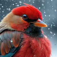 ai gerado vermelho pássaro fluvial. dentro uma feliz face em a topo do uma frio montanha. ai generativo foto