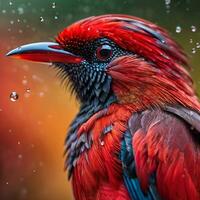 ai gerado vermelho pássaro fluvial. dentro uma feliz face em a topo do uma frio montanha. ai generativo foto