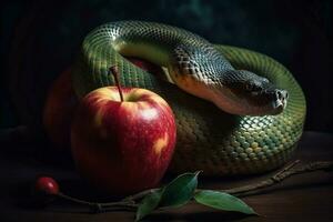 ai gerado serpente sedutor maçã fruta pecado. gerar ai foto