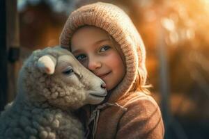 ai gerado sorridente menina vestindo tricotado moletom com capuz abraços uma ovelha gerar ai foto