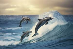 ai gerado brincalhão golfinhos pulando sobre quebra ondas. Havaí pacífico oceano animais selvagens cenário. generativo ai foto