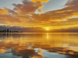 ai gerado brilhante pôr do sol sobre lago dourado nuvens refletir dentro a água. ai gerado. foto