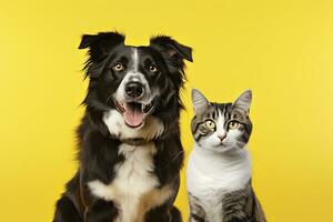 ai gerado gato e cachorro juntos com feliz expressões em amarelo fundo. ai gerado foto