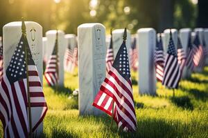 ai gerado militares lápides e lápides decorado com bandeiras para memorial dia. ai gerado foto