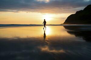 ai gerado uma pessoa caminhando em a de praia às pôr do sol. ai gerado. foto