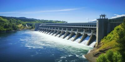 ai gerado hidroelétrica barragem gerando verde energia a partir de fluindo água. ai gerado. foto