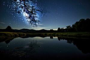 ai gerado leitoso caminho refletido em lago. ai gerado foto