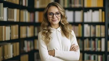 ai gerado uma jovem fêmea professor com ondulado cabelo carrinhos entre livraria prateleiras, cercado de livros. foto