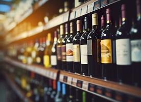 ai gerado abstrato borrão vinho garrafas em licor álcool prateleiras dentro supermercado loja fundo. generativo ai foto