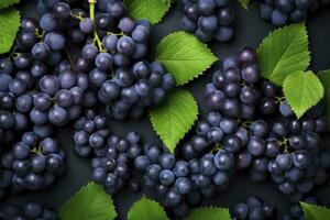 ai gerado plano deitar fundo do videiras, grande quantidade do orgânico azul Sombrio uvas. ai gerado foto