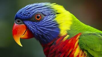 ai gerado lado Visão fechar-se do lindo e colorida Lorikeet verde cochilou pássaro. generativo ai foto