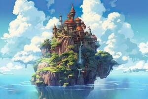 ai gerado antigo celestial flutuando ilha dentro a céu com uma castelo, vibrante, fantasiapunk, ai generativo foto