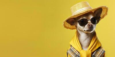 ai gerado legal olhando chihuahua cachorro vestindo funky moda vestir. espaço para texto certo lado. generativo ai foto