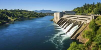 ai gerado hidroelétrica barragem gerando verde energia a partir de fluindo água. ai gerado. foto