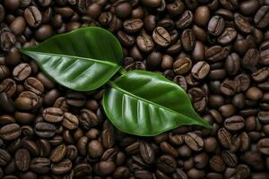 ai gerado verde folhas com café feijões Como fundo. ai gerado foto