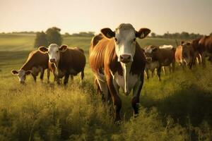 ai gerado grupo do vacas em pé dentro uma gramíneo campo. ai gerado foto