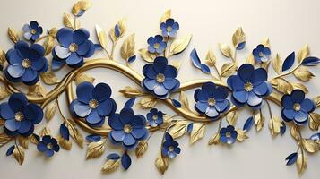 elegante ouro e real azul floral árvore com folhas e flores suspensão galhos ilustração fundo. ai gerado. foto