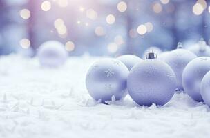 ai gerado Natal decorações bola em neve fundo. ai gerado foto