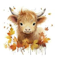 ai gerado feliz fofa bebê terras altas vaca dentro outono folhas dentro a aguarela estilo. ai gerado foto
