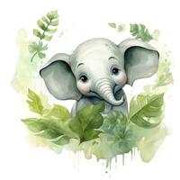 ai gerado feliz fofa bebê elefante dentro verde folhas dentro a aguarela estilo. ai gerado foto