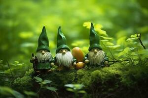 ai gerado brinquedo irlandês gnomos dentro uma mistério floresta, abstrato verde natural fundo. generativo ai foto