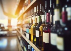 ai gerado abstrato borrão vinho garrafas em licor álcool prateleiras dentro supermercado loja fundo. generativo ai foto