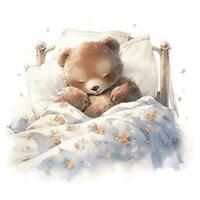 ai gerado uma sonolento bebê Urso dentro uma roupa de cama. aguarela ilustração. ai gerado foto