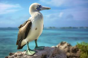 ai gerado a raro de pés azuis booby descansos em a de praia. ai gerado foto