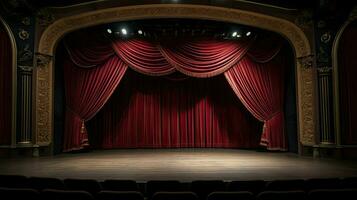 ai gerado teatro estágio. fundo com cópia de espaço. cultural lazer e evento. vermelho cortinas e interior. foto