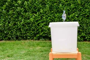 uma branco balde sentado em uma de madeira Banqueta dentro frente do uma arbusto foto